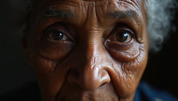 Close-up of a frail elderly female nursing home resident with a serious look in her eyes. (1254145443)