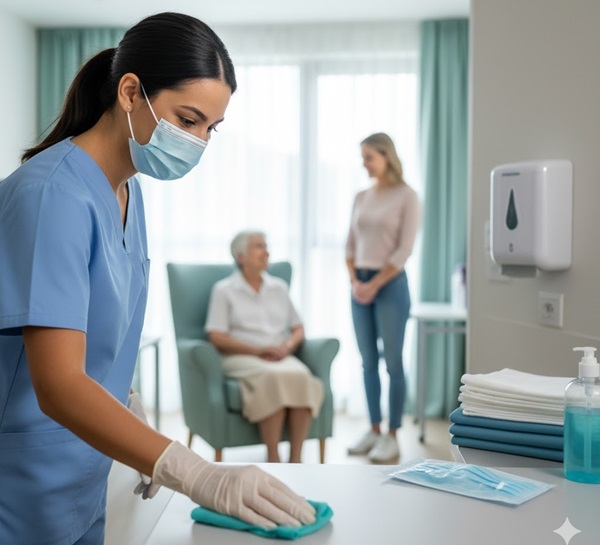 A female healthcare worker in blue scrubs, wearing a surgical mask and gloves, wiping down a surface in a nursing home while an elderly patient and a visitor stand in the blurred background. (Generated in-house with AI)
