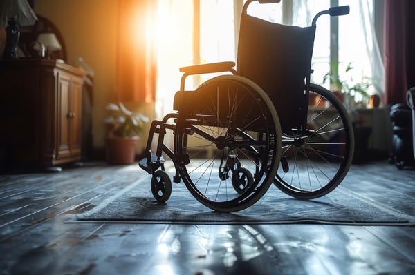 An empty wheelchair sits in the center of a sunlit nursing home room, with bright light streaming through a window in the background. (779781131)