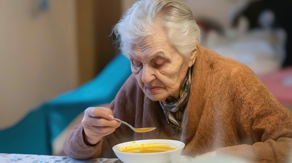 An older woman slowly eating a bowl of soup at a nursing home. (1601261796)
