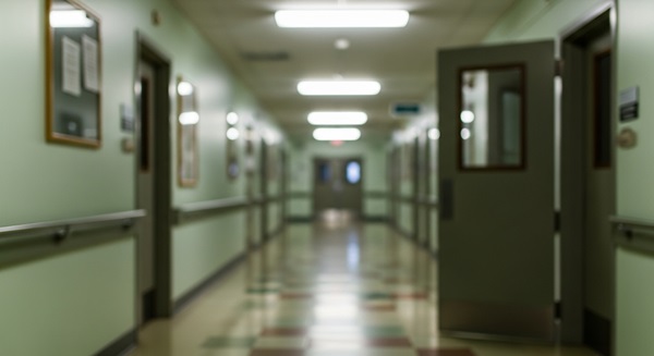 A blurred view of an empty nursing home hallway with an open doorway, representing the lack of supervision that leads to dangerous resident wandering and elopement incidents in Chicago care facilities.