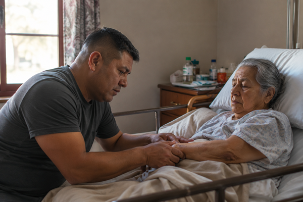 A concerned man sitting by a hospital bed and gently holding the arm of his elderly mother to examine an unexplained bruise, illustrating the signs of potential neglect or abuse among nursing home residents in Chicago.