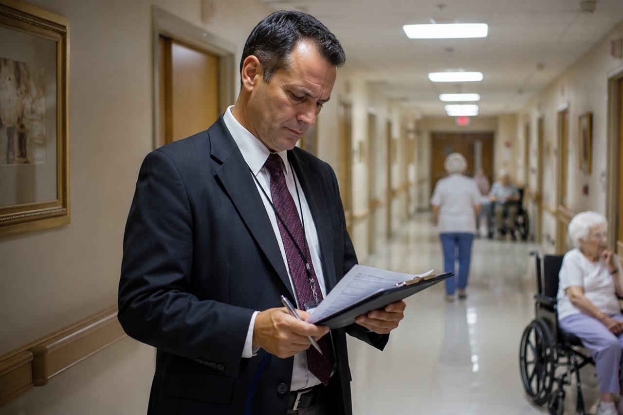 A male health inspector or investigator in a dark suit and tie stands in a brightly lit nursing home hallway, reviewing documents on a clipboard and holding a pen, while elderly residents in wheelchairs and a staff member are visible in the background.