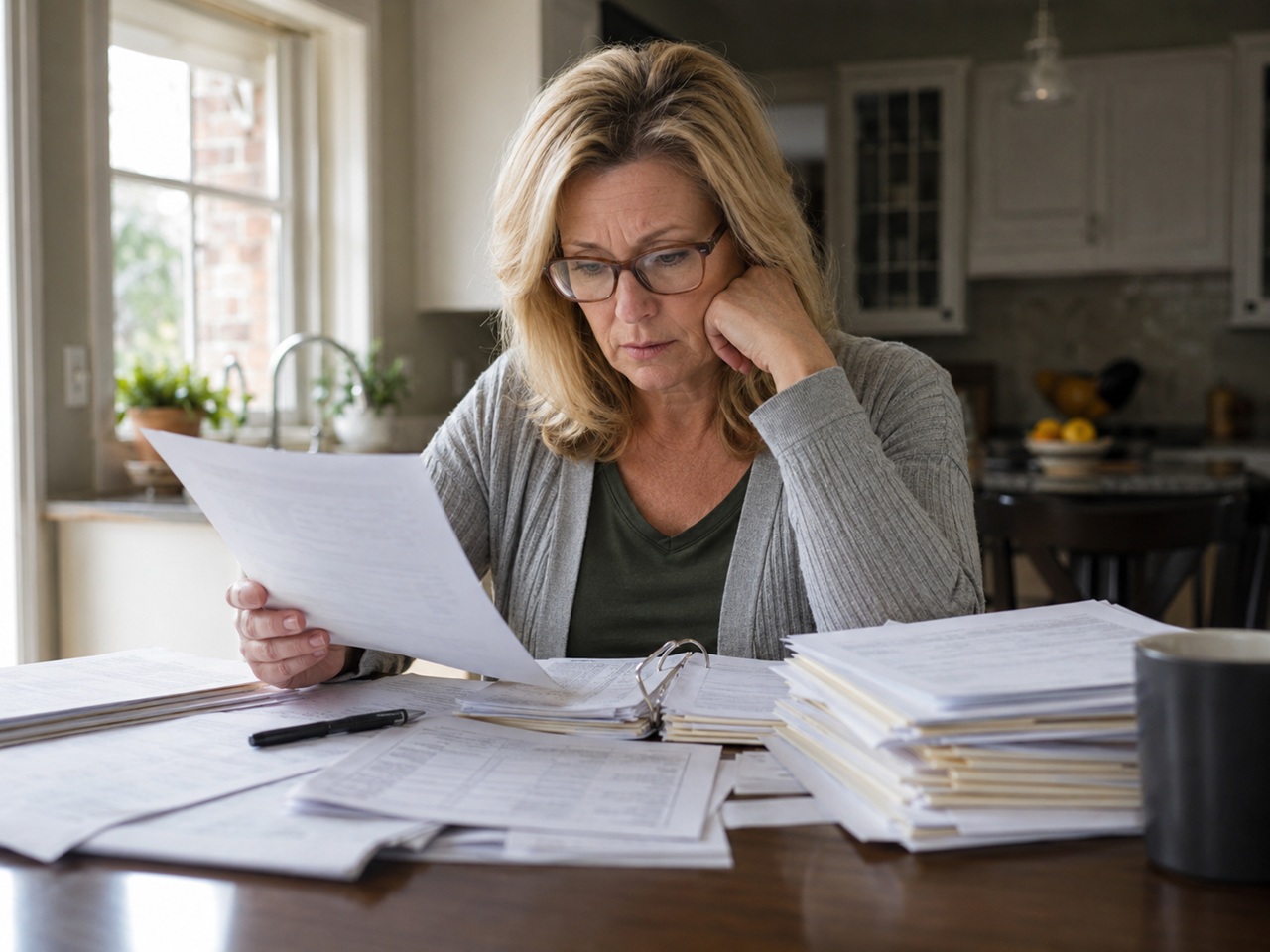 A concerned middle-aged woman wearing glasses reviews medical and legal paperwork at a wooden table filled with documents and binders, representing a family member evaluating nursing home arbitration clauses, elder care admission agreements, and Illinois family rights in nursing home abuse or negligence claims.