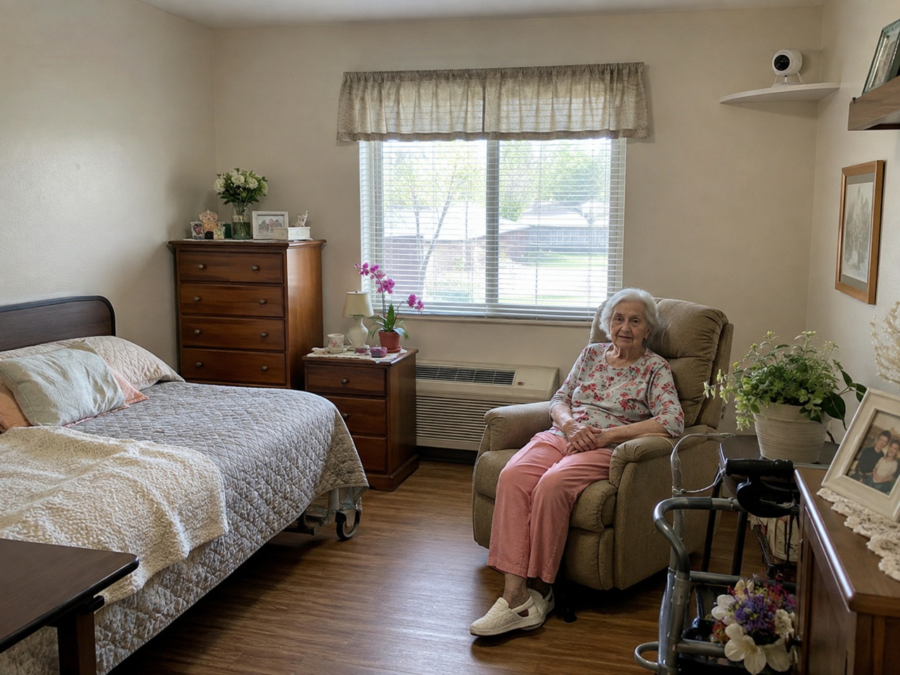 An elderly woman sits in a recliner chair in her Illinois nursing home room with a walker nearby and personal mementos on the dresser, while a small white security camera is mounted in the upper corner of the room, depicting the use of in-room monitoring cameras that Illinois families may install under the Authorized Electronic Monitoring in Long-Term Care Facilities Act to protect residents from abuse and neglect.