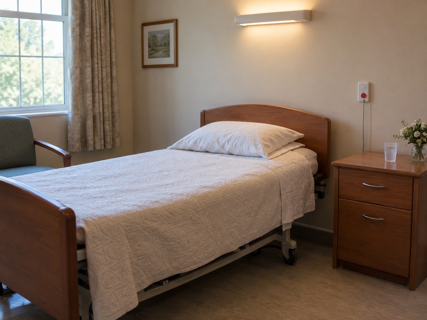 An empty nursing home bedroom with a neatly made bed, bedside table, chair and emergency call button.